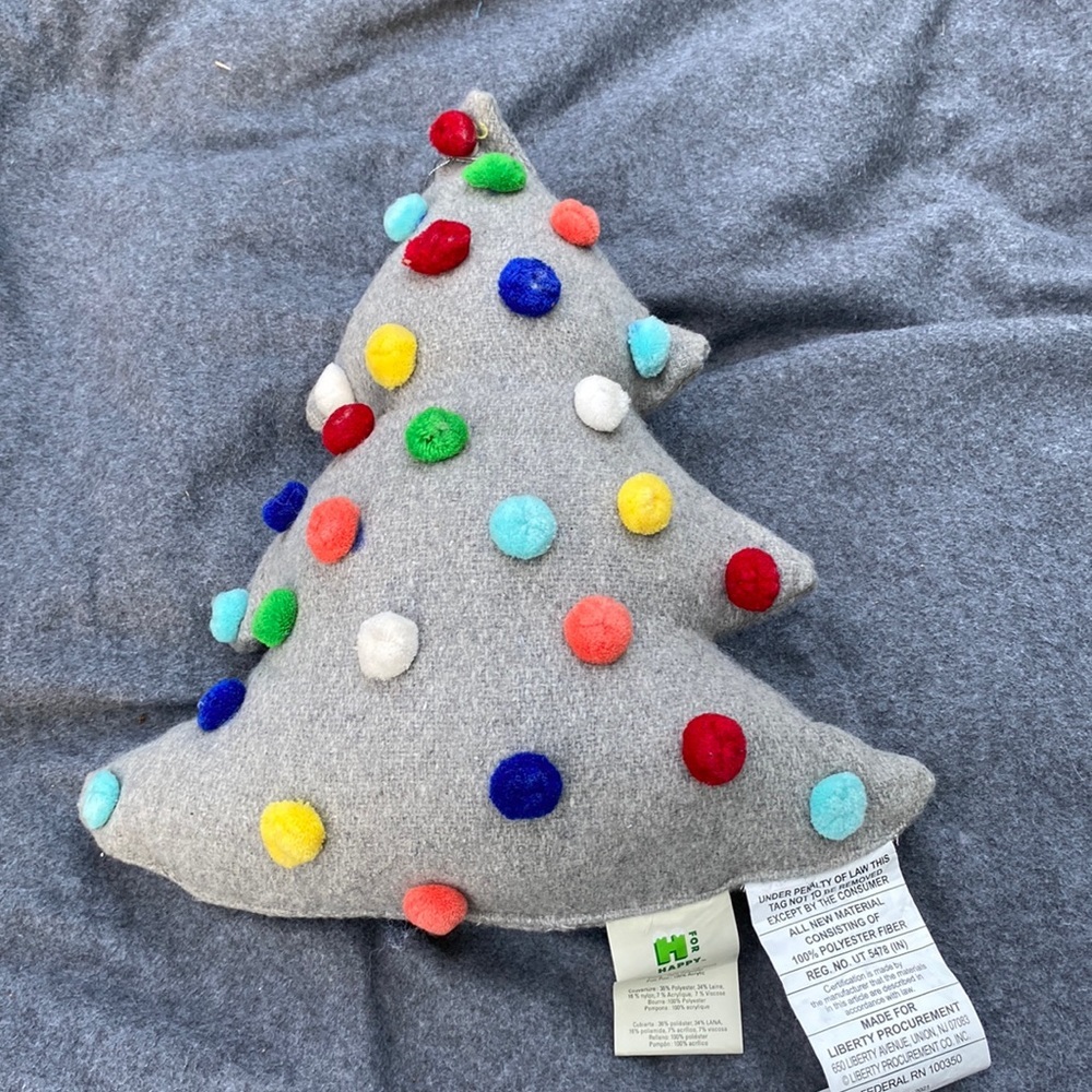 H For Happy Gray Pom Pom Christmas Tree Shaped Pillow